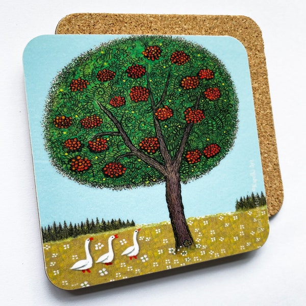 Rowan Tree Cork Coaster, Tree Lover Gift, Folk Art, Small Gift, New Home Gift, Housewarming Present, Yuri Vasnetsov