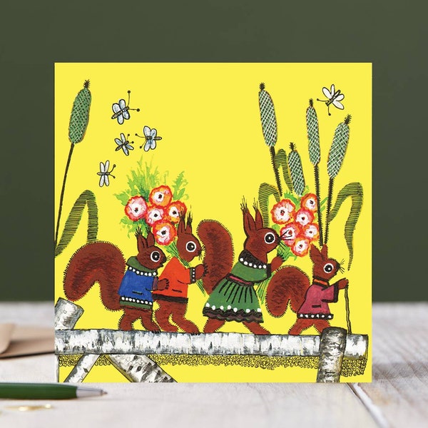 Cute bright little red squirrels with flowers card, Colorful folk style card, Fairytale, Retro style greetings card, Yuri Vasnetsov