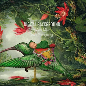 May include: A digital background featuring a green hummingbird with a baby sleeping on its back. The hummingbird is perched on a golden stand and surrounded by lush green foliage and red flowers.