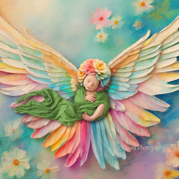 angel wings pastel ,with hat newborn digital background