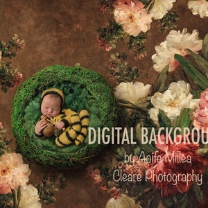 May include: A newborn baby dressed in a yellow and black bee costume sleeps in a green nest surrounded by white and pink flowers. The background is a brown canvas with a painted floral design. The text "DIGITAL BACKGROUND by Aoife Millea Cleare Photography" is at the bottom of the image.