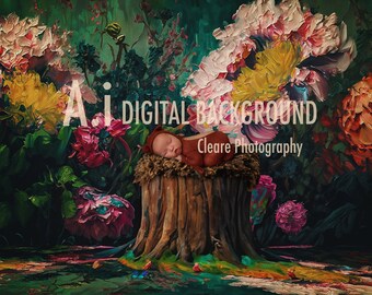 Tree stump floral ,newborn digital backdrop