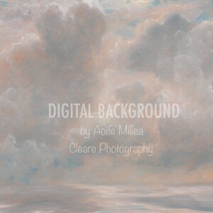 May include: A digital background image featuring a soft, dreamy sky with fluffy clouds in shades of blue, white, and pink. The clouds are arranged in a layered effect, creating a sense of depth and dimension. The background is perfect for adding a touch of whimsy and serenity to any design project.