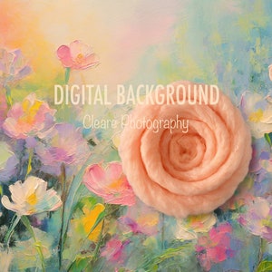 May include: A digital background featuring a pastel painting of a field of flowers with a large, pink, fluffy rose in the center. The text "DIGITAL BACKGROUND Cleare Photography" is at the top of the image.