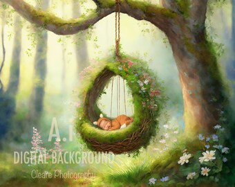 Soft moss nest swing , layered newborn digital background