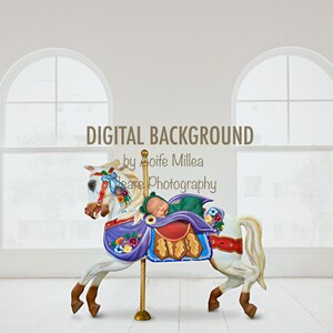 May include: A white carousel horse with a purple saddle and floral accents. A baby is sleeping on the saddle, wearing a green and purple outfit. The horse is in front of a white wall with two arched windows.