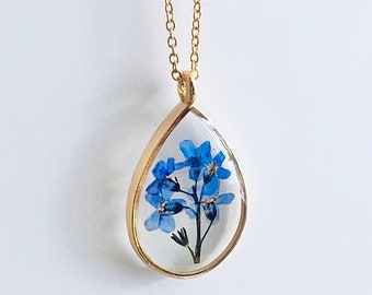 Forget me not necklace, real flower pendant, gift for mom, gift for her