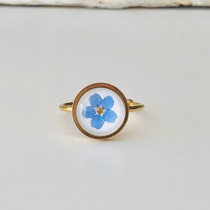 Ring met echte bloemen, vergeet-mij-niet-ring, roestvrijstalen ring, verstelbare ring, ring goud