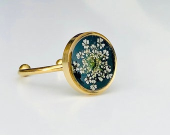 Real flower ring, Queen Annes lace, stainless steel ring, adjustable Ring,  Ring Gold