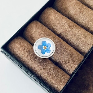 Ring met echte bloemen, vergeet-mij-niet-ring, roestvrijstalen ring, verstelbare ring, ring zilver