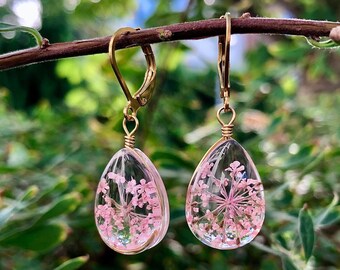 Drop earrings, pink flowers, pink flower earrings