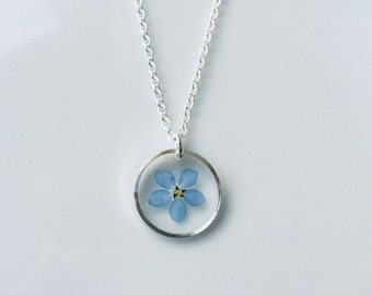 Forget me not necklace, Sterling silver necklace, geometric necklace, real flower necklace