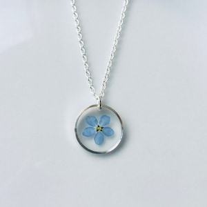 Forget me not necklace, Sterling silver necklace, geometric necklace, real flower necklace