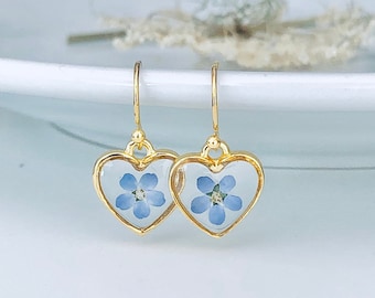 Boucles d'oreilles myosotis, fleurs séchées, or myosotis, boucles d'oreilles coeur,