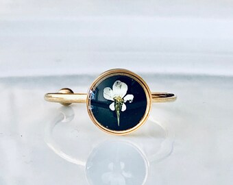 Real flower ring, Queen Annes lace, stainless steel ring, adjustable Ring,  Ring Gold