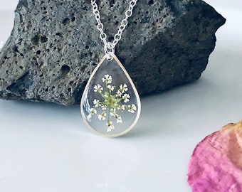 Queen Anne’s Lace, Sterling Silver necklace, Dried flower Pendant