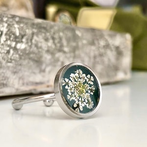 Ring met echte bloemen, Queen Annes-kant, roestvrijstalen ring, verstelbare ring, ring zilver