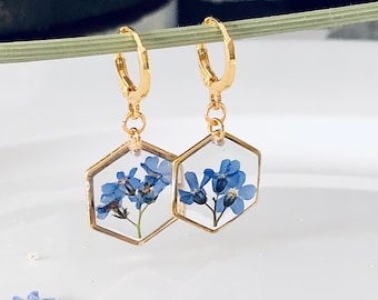 Boucles d'oreilles en vraies fleurs, bijoux en vraies fleurs, cadeau en vraies fleurs, boucles d'oreilles myosotis, boucles d'oreilles fleurs séchées