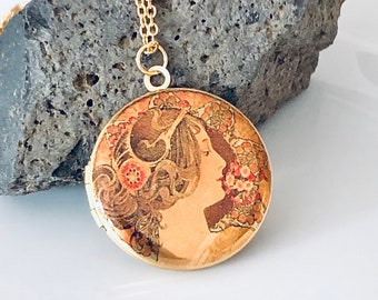 Medaillon Kette, Medaillon Kette Gold, Geschenk für Mutter, Alfons Mucha