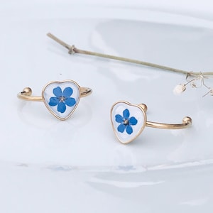 Ring met echte bloemen, vergeet-mij-niet-ring, roestvrijstalen ring, verstelbare ring, ring goud, ring Hart, Hart Ring