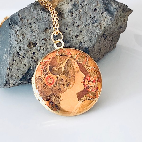 Medaillon Kette, Medaillon Kette Gold, Geschenk für Mutter, Alfons Mucha