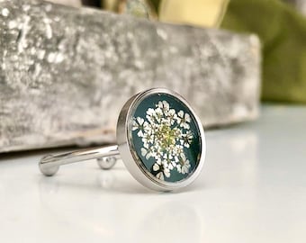 Real flower ring, Queen Annes lace, stainless steel ring, adjustable Ring, Ring Silver