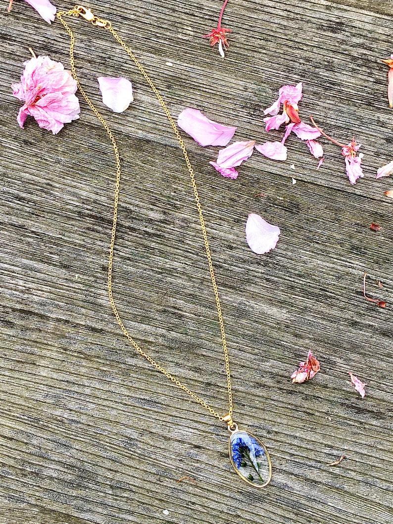 Forget me not necklace, forget me not gold necklace, dried flowers necklace, gift for women, gift for her, real flower pendant image 4