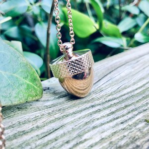 Pode incluir: Um colar com um pingente de bolota de ouro rosa, com uma tampa texturizada detalhada e um corpo liso e brilhante. O colar está pendurado em uma superfície de madeira.