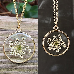 Queen Annes Lace necklace, real flower necklace, white flower pendant, Sterling Silver necklace, Dried flower Pendant image 1