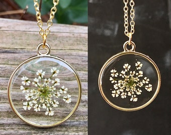 Queen Anne’s Lace necklace, real flower necklace, white flower pendant, Sterling Silver necklace, Dried flower Pendant