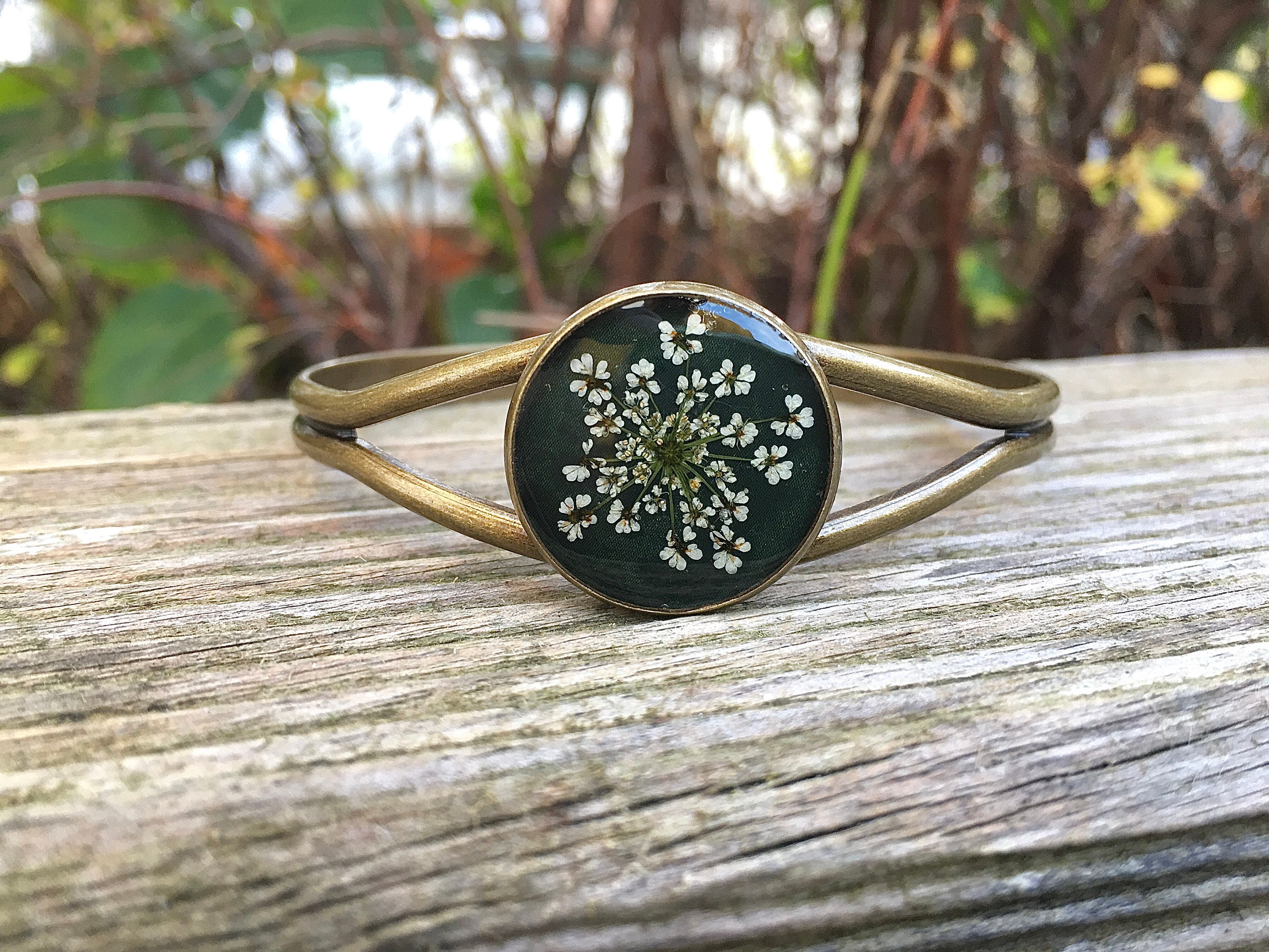Dried Flower Resin Silver Adjustable Bracelets Queen Anne/'s Lace Dried Flower Bracelet