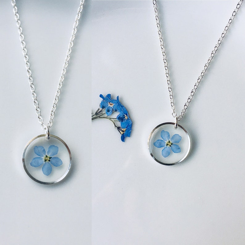 Forget me not necklace, Sterling silver necklace, geometric necklace, real flower necklace image 6