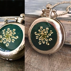 Watch necklace, watch necklace silver, real flower necklace, pocket watch, locket necklace silver