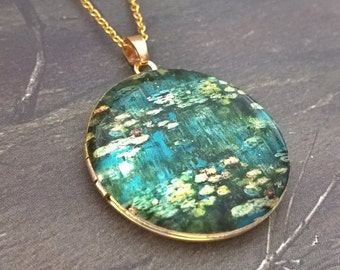 Claude Monet Water Lilies Locket Necklace: Stainless Steel Art Pendant