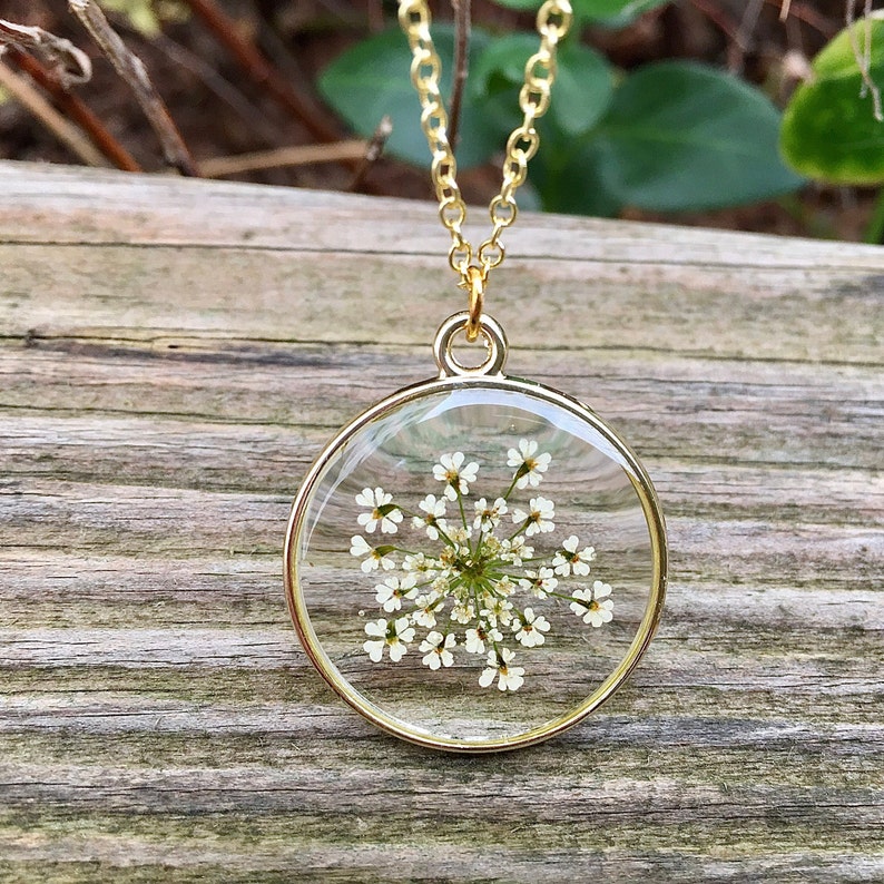 Queen Annes Lace necklace, real flower necklace, white flower pendant, Sterling Silver necklace, Dried flower Pendant image 2