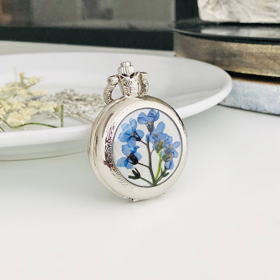Pocket watch, watch necklace, necklace watch, pocket watch silver, watch necklace silver, forget me not, forget me not necklace, gift