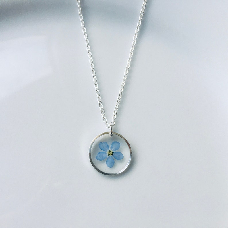 Forget me not necklace, Sterling silver necklace, geometric necklace, real flower necklace image 3