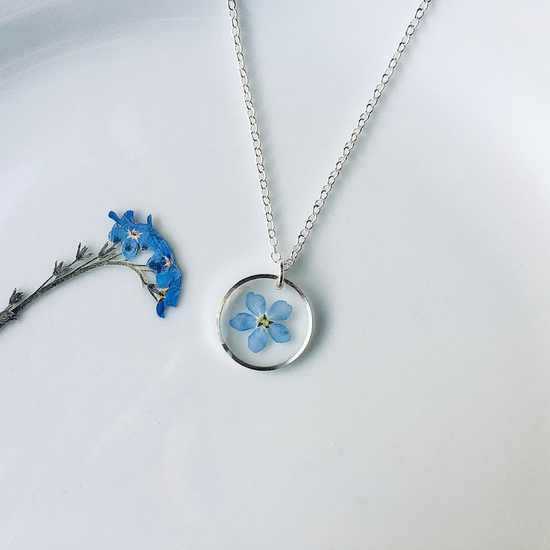 Forget me not necklace, Sterling silver necklace, geometric necklace, real flower necklace image 5