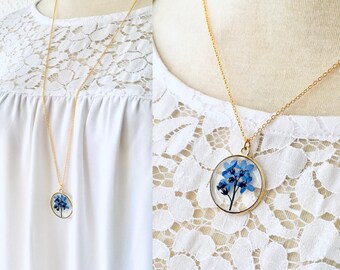 Forget me not necklace, real flower pendant, gift for mom, gift for her