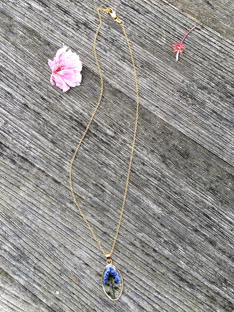 Forget me not necklace, forget me not gold necklace, dried flowers necklace, gift for women, gift for her, real flower pendant image 3