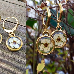 Real flower earrings, earrings gold, open back earrings, white flower earrings, wedding gift image 1