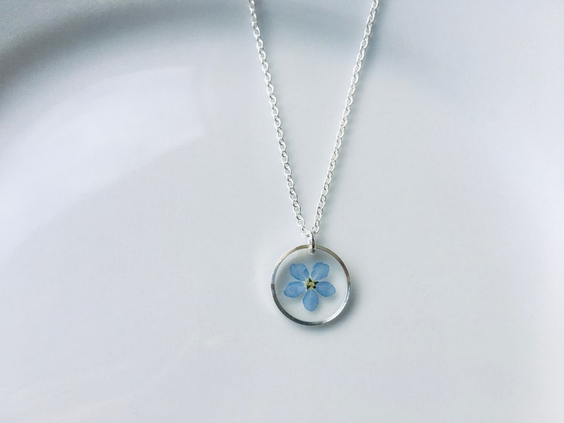 Forget me not necklace, Sterling silver necklace, geometric necklace, real flower necklace image 1