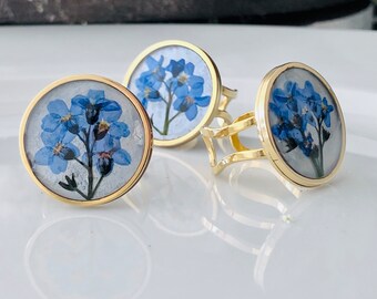 Bague de fleur véritable, bague forget me not, bague en acier inoxydable, bague réglable, bague or