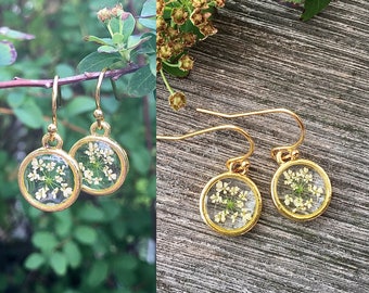 Queen Anne’s lace, Queen Anne’s lace earrings, earrings gold, open back earrings,