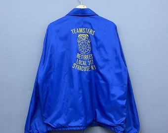 Vintage 80s Teamsters Union Blue Nylon Coach Jacket Size XL Oversized Snap Button Jacket