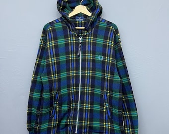 Fred Perry Checkered Polartec Fleece Hooded Jacket Size Medium