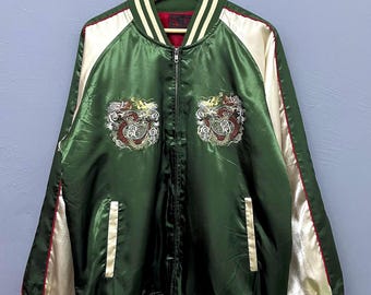 Vintage Sukajan Japan Dragon Embroidered Green Satin Souvenir Jacket Size XL