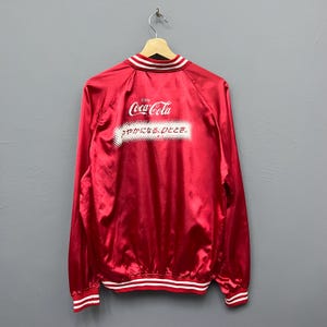 Vintage Enjoy Coca Cola Men’s Red Satin Bomber Jacket Coca Cola Snap Button Baseball Jacket Size Large