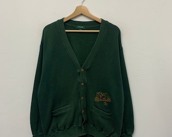 Vintage Crocodile Classic Label Embroidered Country Hunting Green Cardigan Jumper Size Large