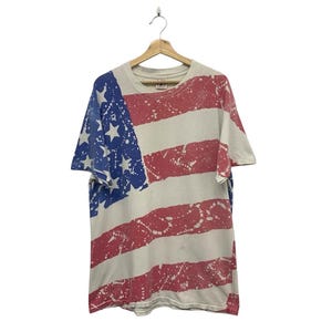 Vintage 90s American Flag T-Shirt - All Over Print USA Tee (Size Large)